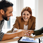A diverse group of people gathered around a table, looking at a shared spreadsheet on a laptop. They are smiling and pointing, showcasing collaboration and financial planning. The atmosphere is warm and inviting, emphasizing community support.