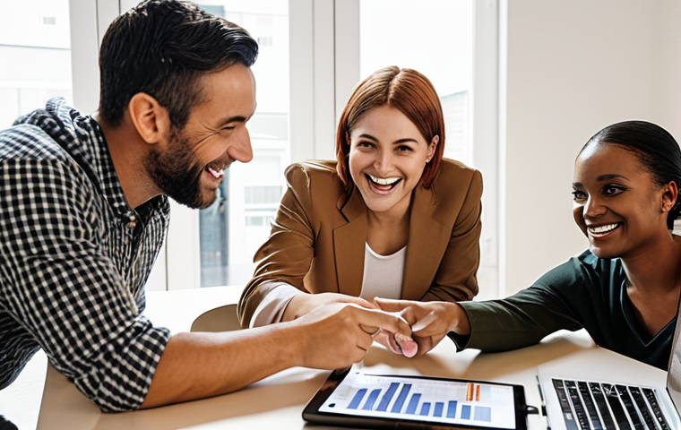 A diverse group of people gathered around a table, looking at a shared spreadsheet on a laptop. They are smiling and pointing, showcasing collaboration and financial planning. The atmosphere is warm and inviting, emphasizing community support.