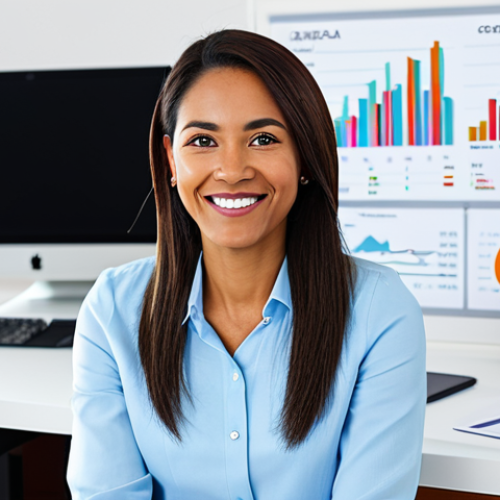 Home 18 A confident, diverse professional individual, mid-shot, in their late 20s to early 40s, looking directly at the viewer with a reassuring, empowered smile. They are wearing a modest business casual outfit. Seated at a sleek, minimalist desk in a bright, contemporary home office. The background features abstract digital overlays of financial charts, growing graphs, and subtle, glowing data streams, symbolizing understanding and progress from financial confusion to clarity. The light is soft and inviting. fully clothed, modest clothing, appropriate attire, professional dress, safe for work, appropriate content, professional, perfect anatomy, correct proportions, natural pose, well-formed hands, proper finger count, natural body proportions, high-quality digital illustration, vibrant colors, clear focus.