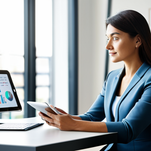 Home 17 A professional individual in a modest business casual ensemble, focused and engaged while sitting at a sleek desk in a contemporary, sunlit office. They are looking at a tablet displaying clean, abstract financial charts and graphs, with a calm and thoughtful expression, symbolizing financial clarity and control. The background features blurred, modern office decor. fully clothed, appropriate attire, safe for work, perfect anatomy, correct proportions, natural pose, well-formed hands, proper finger count, natural body proportions, professional photography, high quality, family-friendly.