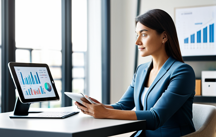 A professional individual in a modest business casual ensemble, focused and engaged while sitting at a sleek desk in a contemporary, sunlit office. They are looking at a tablet displaying clean, abstract financial charts and graphs, with a calm and thoughtful expression, symbolizing financial clarity and control. The background features blurred, modern office decor. fully clothed, appropriate attire, safe for work, perfect anatomy, correct proportions, natural pose, well-formed hands, proper finger count, natural body proportions, professional photography, high quality, family-friendly.
