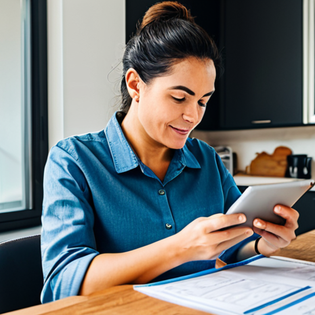 Budgeting & Financial Security**
"A woman at her kitchen table, reviewing bills and using a budgeting app on her tablet, fully clothed in comfortable, everyday attire, natural lighting, cozy home environment, safe for work, appropriate content, perfect anatomy, natural proportions, well-formed hands, proper finger count, family-friendly, professional illustration, focused on financial planning and a sense of security."
**