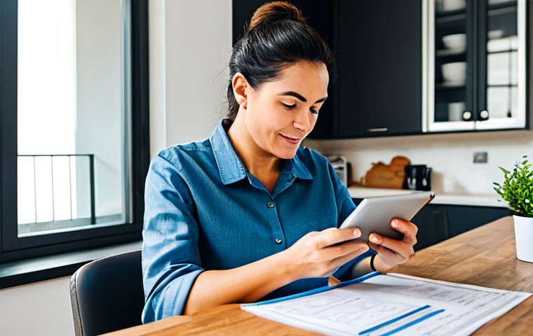 Budgeting & Financial Security**
"A woman at her kitchen table, reviewing bills and using a budgeting app on her tablet, fully clothed in comfortable, everyday attire, natural lighting, cozy home environment, safe for work, appropriate content, perfect anatomy, natural proportions, well-formed hands, proper finger count, family-friendly, professional illustration, focused on financial planning and a sense of security."
**