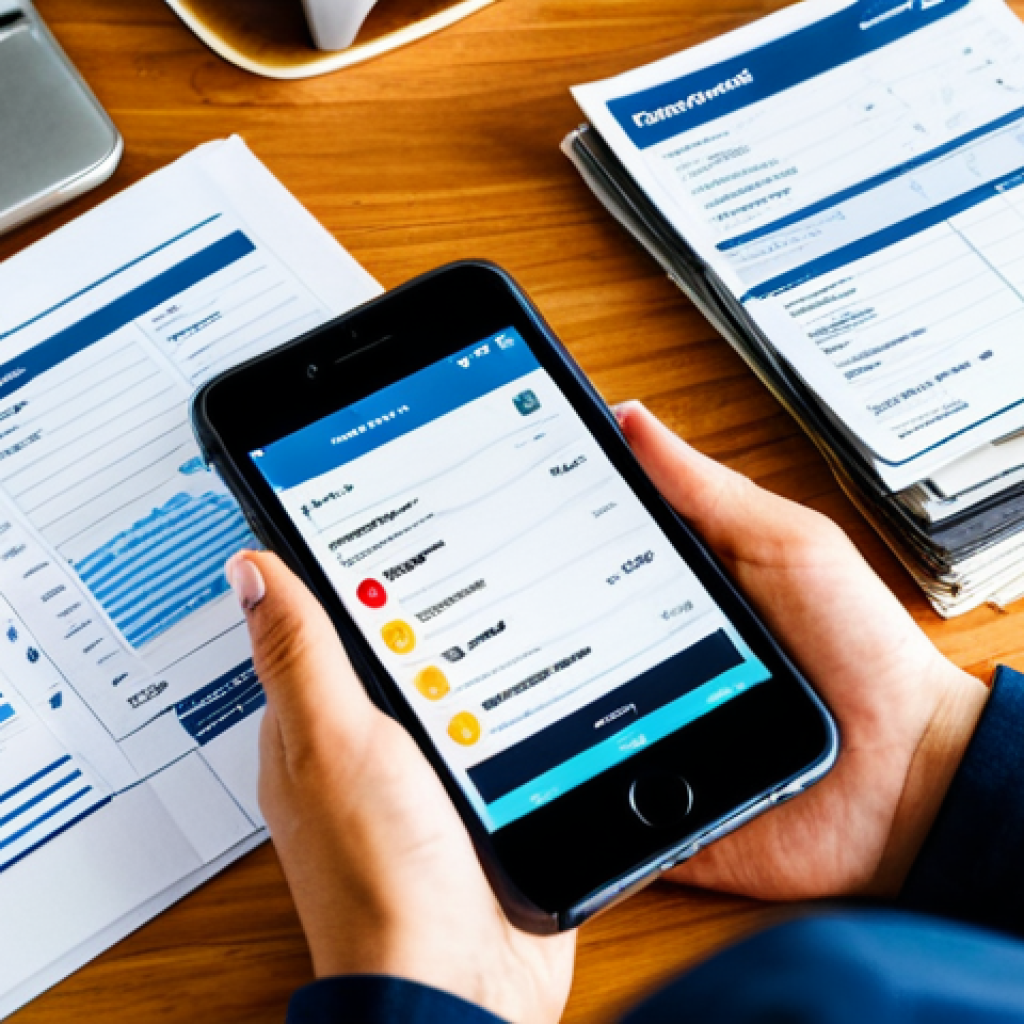 정신적 스트레스를 완화하는 금융 계획 - **Prompt:** A person reviewing a budgeting app on their smartphone, surrounded by neatly organized b...