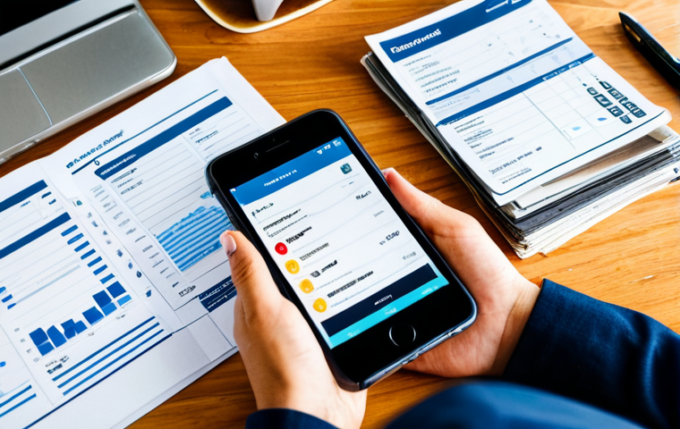정신적 스트레스를 완화하는 금융 계획 - **Prompt:** A person reviewing a budgeting app on their smartphone, surrounded by neatly organized b...