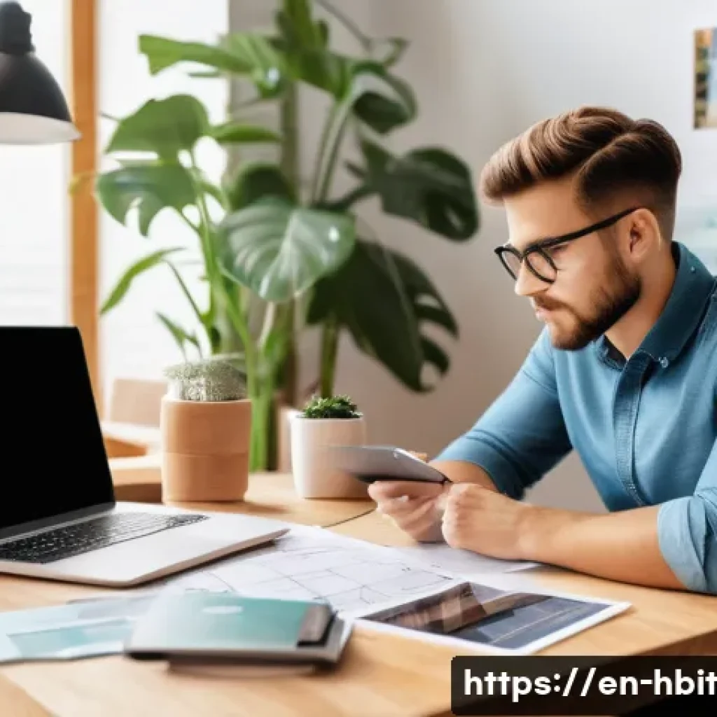 금융 습관 형성을 위한 모티베이션 유지 방법 - A cozy, sunlit home office scene where a young professional sits at a wooden desk, thoughtfully visu...