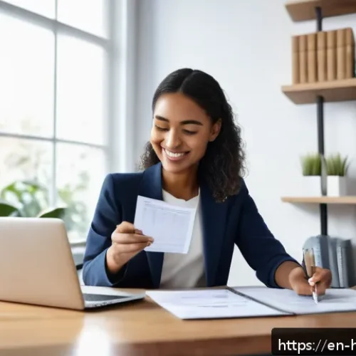Home 30 금융 독립의 길을 여는 습관들 - A modern home office scene featuring a young professional woman sitting at a sleek desk, smiling as ...