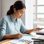 Home 23 금융 독립을 위한 습관의 중요성 - A cozy modern home office scene with a young professional woman thoughtfully reviewing a colorful mo...