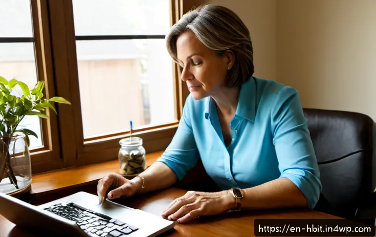 투자 습관을 기르는 방법과 자원 - Photorealistic home office scene of a middle-aged American woman building an investing habit, calmly...